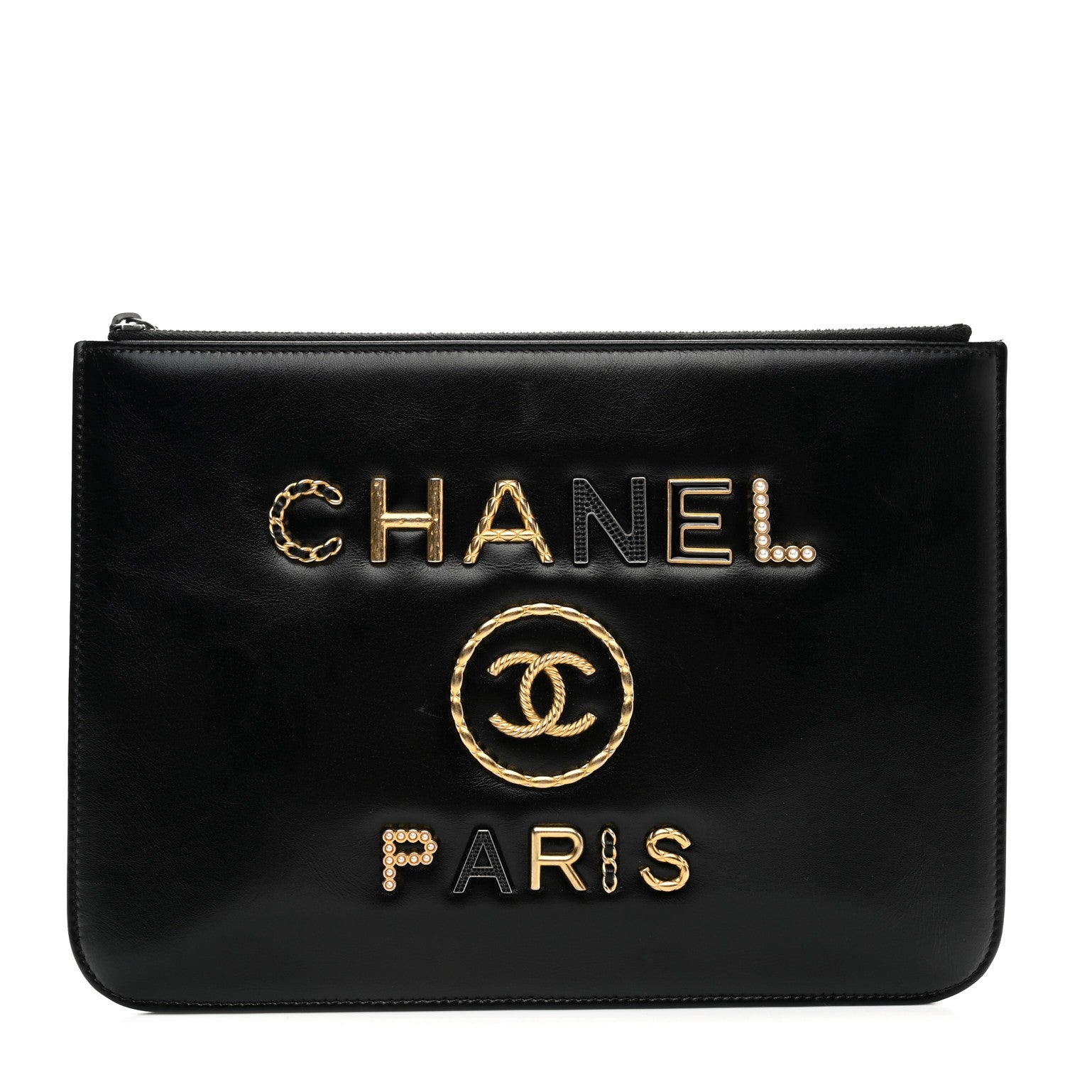 Chanel Shiny Calfskin Crystal Pearl Logo Cosmetic Case Black 1 of 10