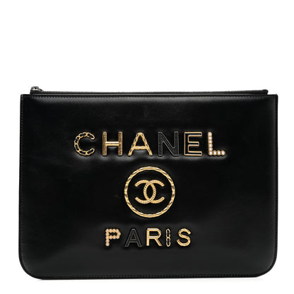 Chanel Shiny Calfskin Crystal Pearl Logo Cosmetic Case Black 1 of 10