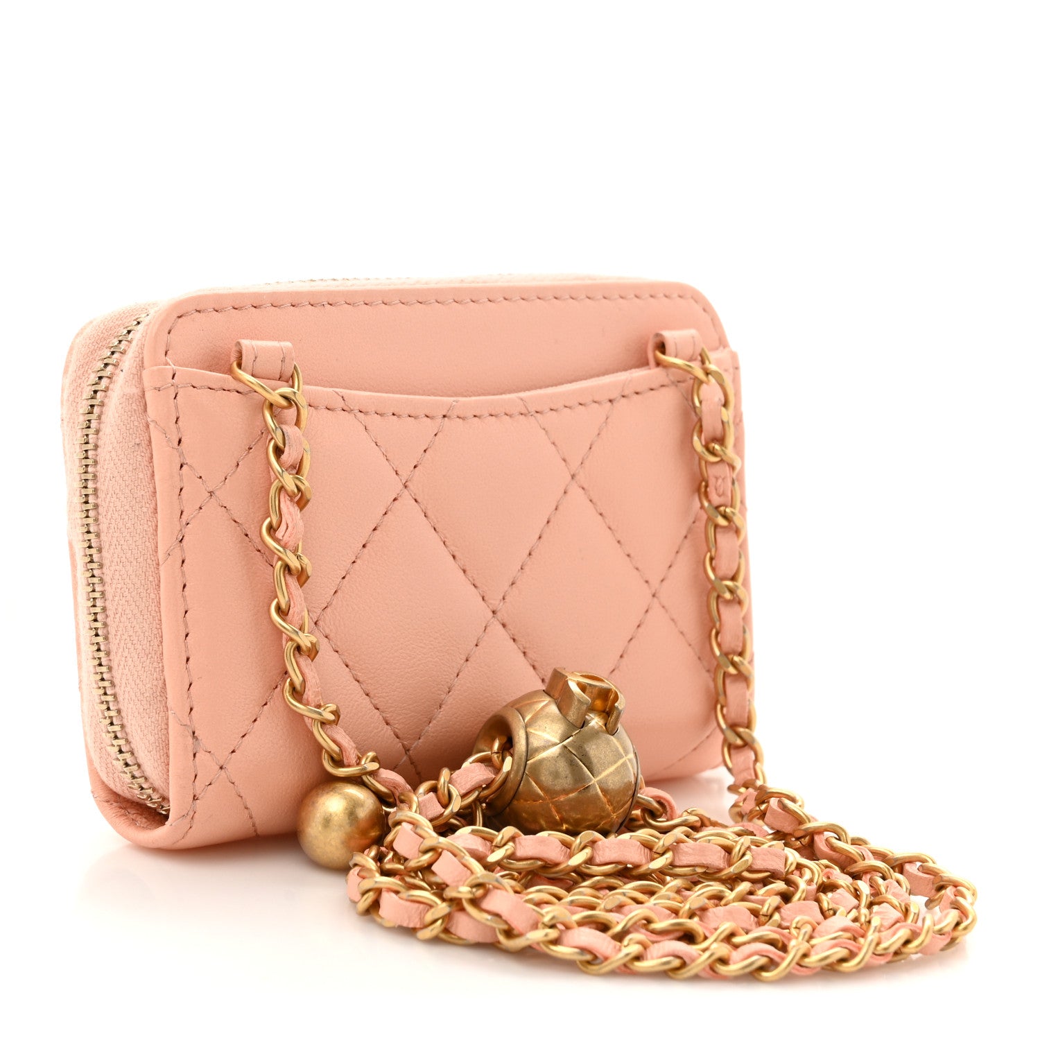 Chanel Lambskin Quilted CC Pearl Crush Zip Card Holder On Chain Pink 3 of 11
