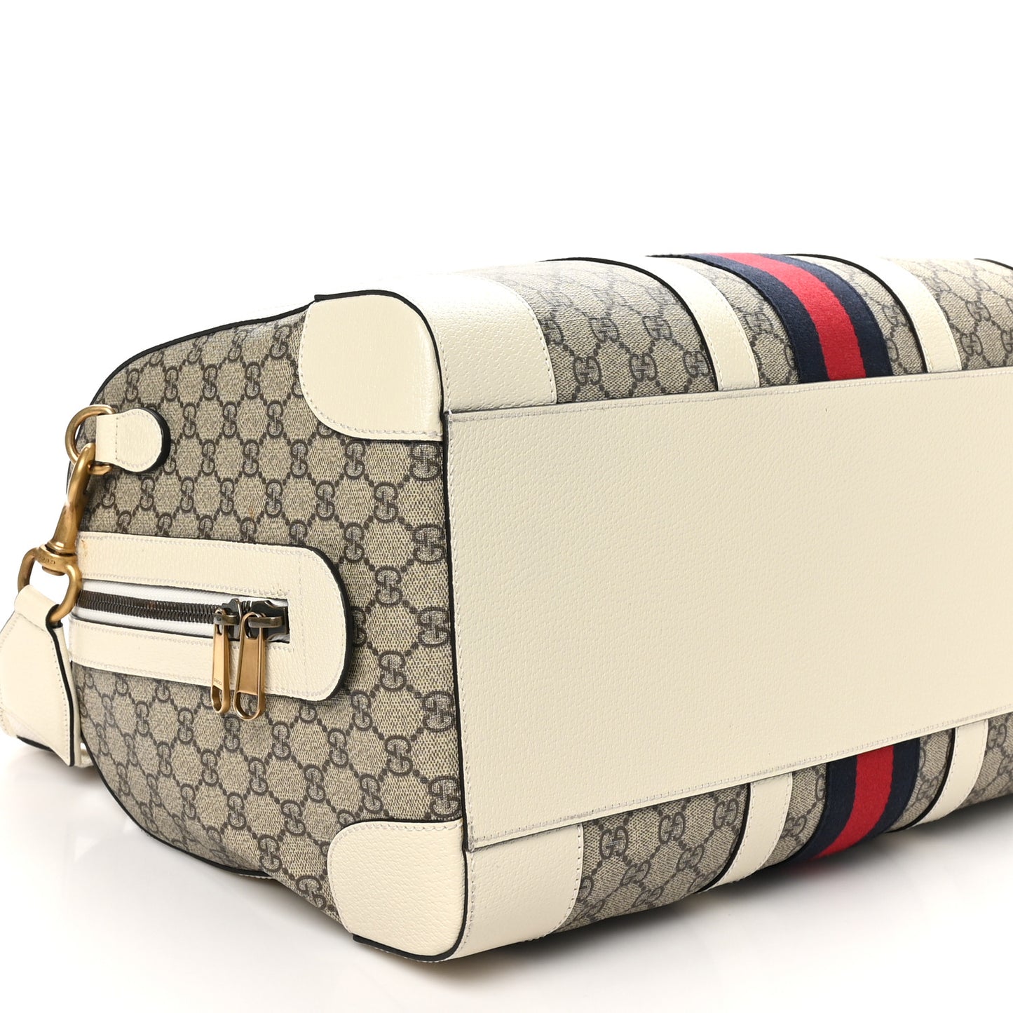GG Supreme Monogram Textured Dollar Calfskin Web Medium Ophidia Duffle Bag Beige Ebony Mystic White