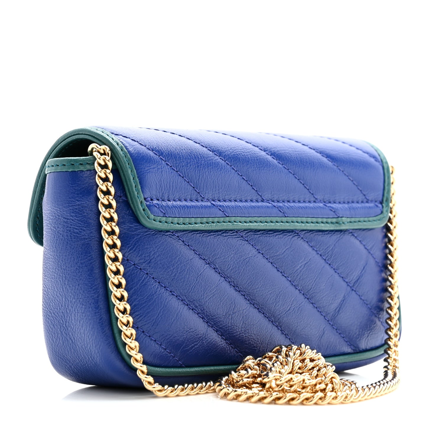 Azalea Calfskin Enamel Matelasse Diagonal Super Mini Torchon GG Marmont Shoulder Bag Imperial Blue Pavone