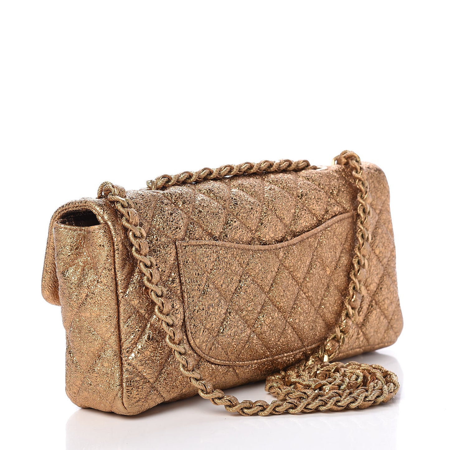Metallic Crackled Calfskin Quilted East West Flap Dark Gold