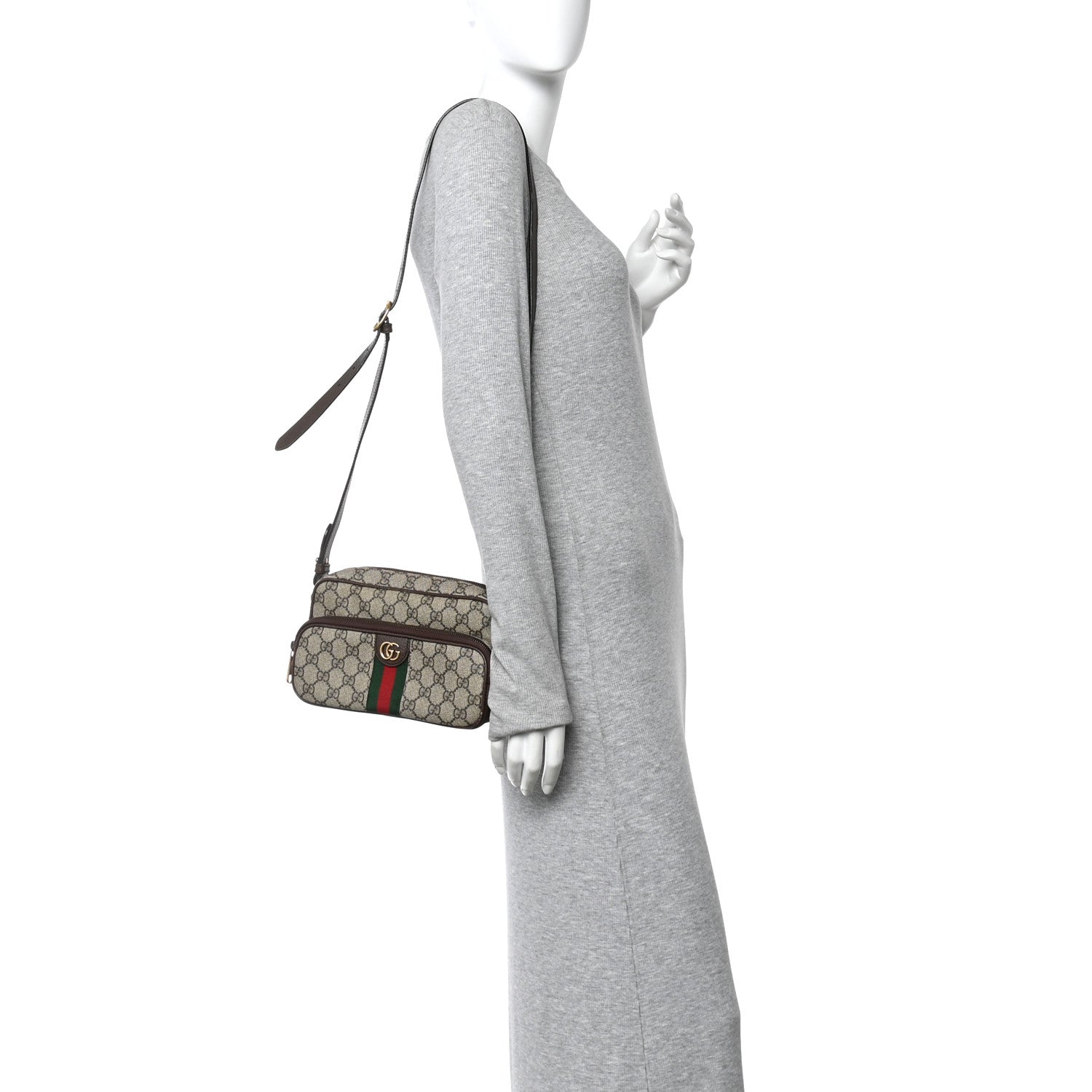Gucci GG Supreme Monogram Textured Dollar Calfskin Web Small Ophidia Convertible Shoulder Bag Beige Ebony New Acero 2 of 14