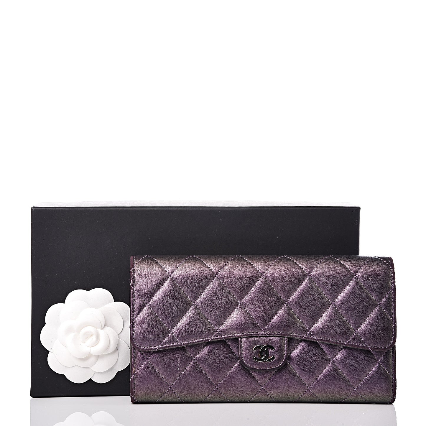 Iridescent Lambskin Quilted Large Gusset Flap Wallet Purple