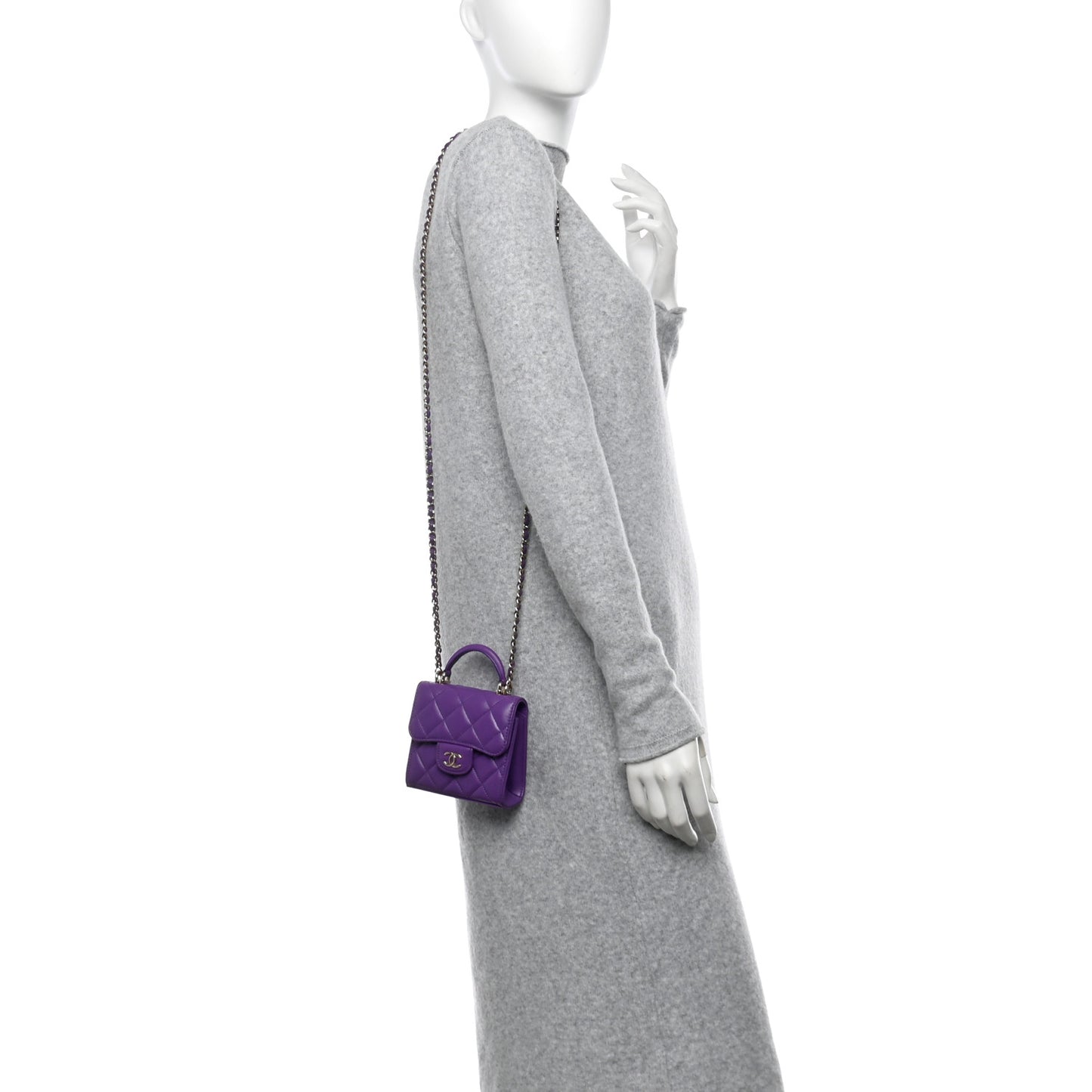 Lambskin Quilted Top Handle Flap Clutch With Chain Purple