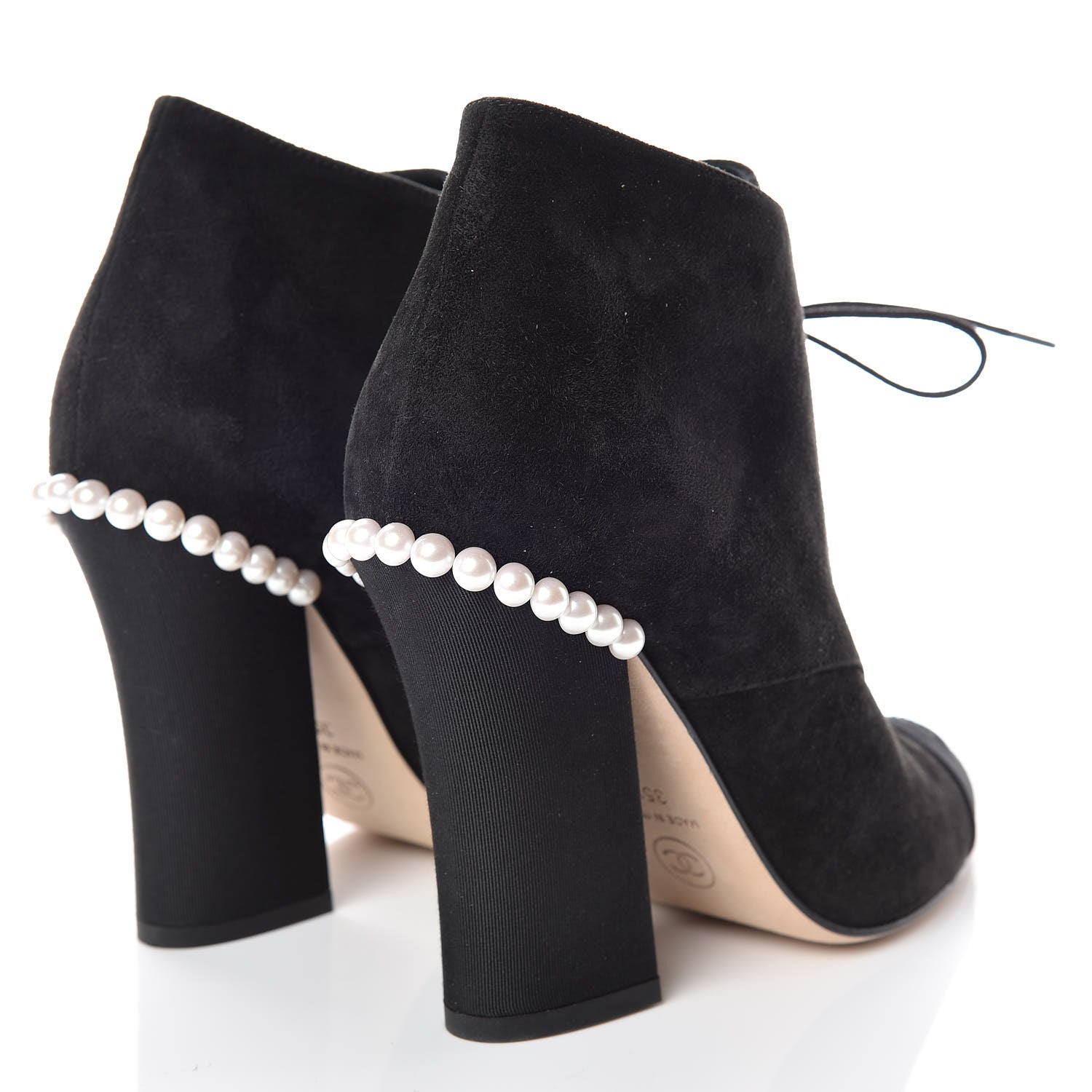 Chanel Suede Grosgrain Pearl Lace Up Booties 35.5 Black 4 of 9