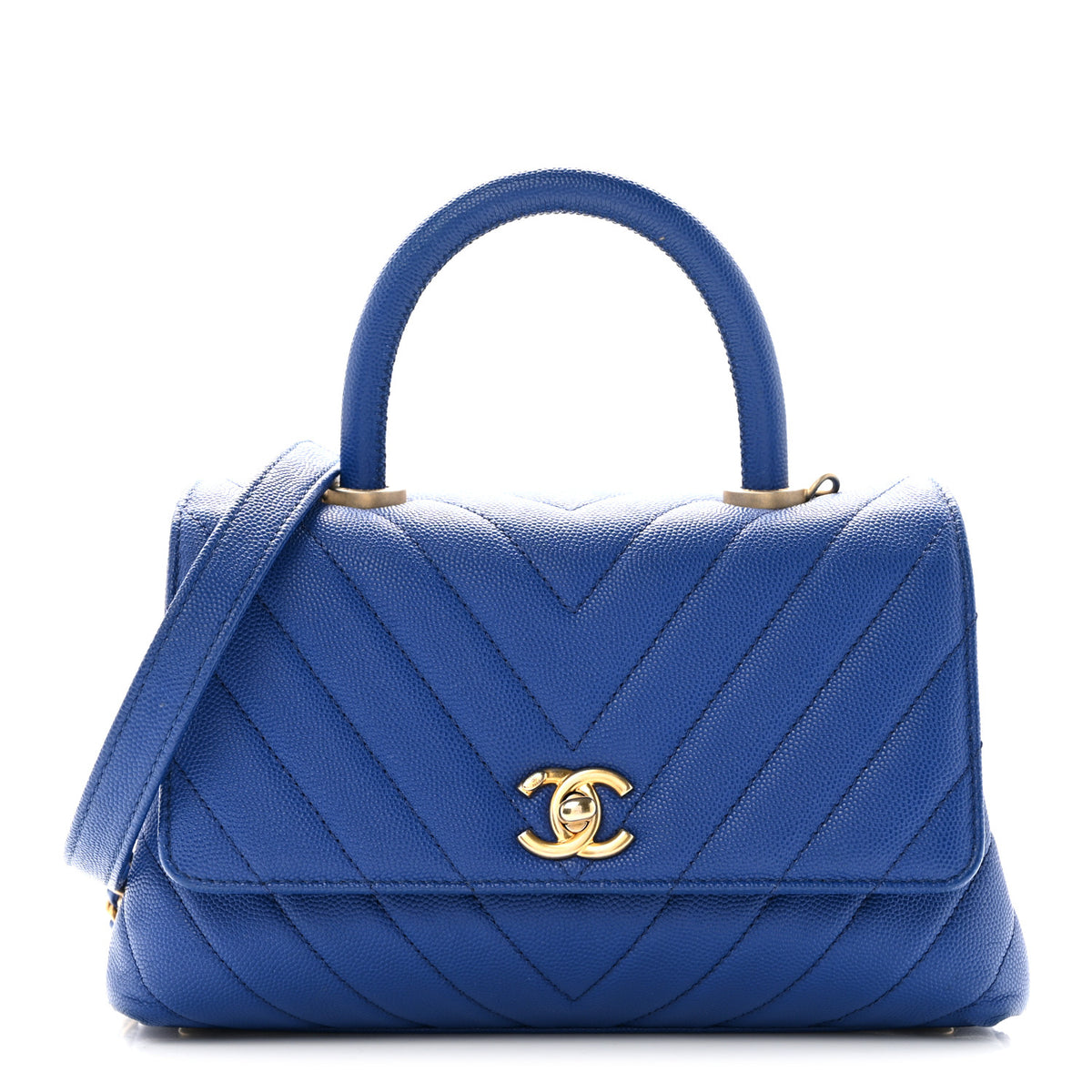 Caviar Chevron Quilted Mini Coco Handle Flap Blue