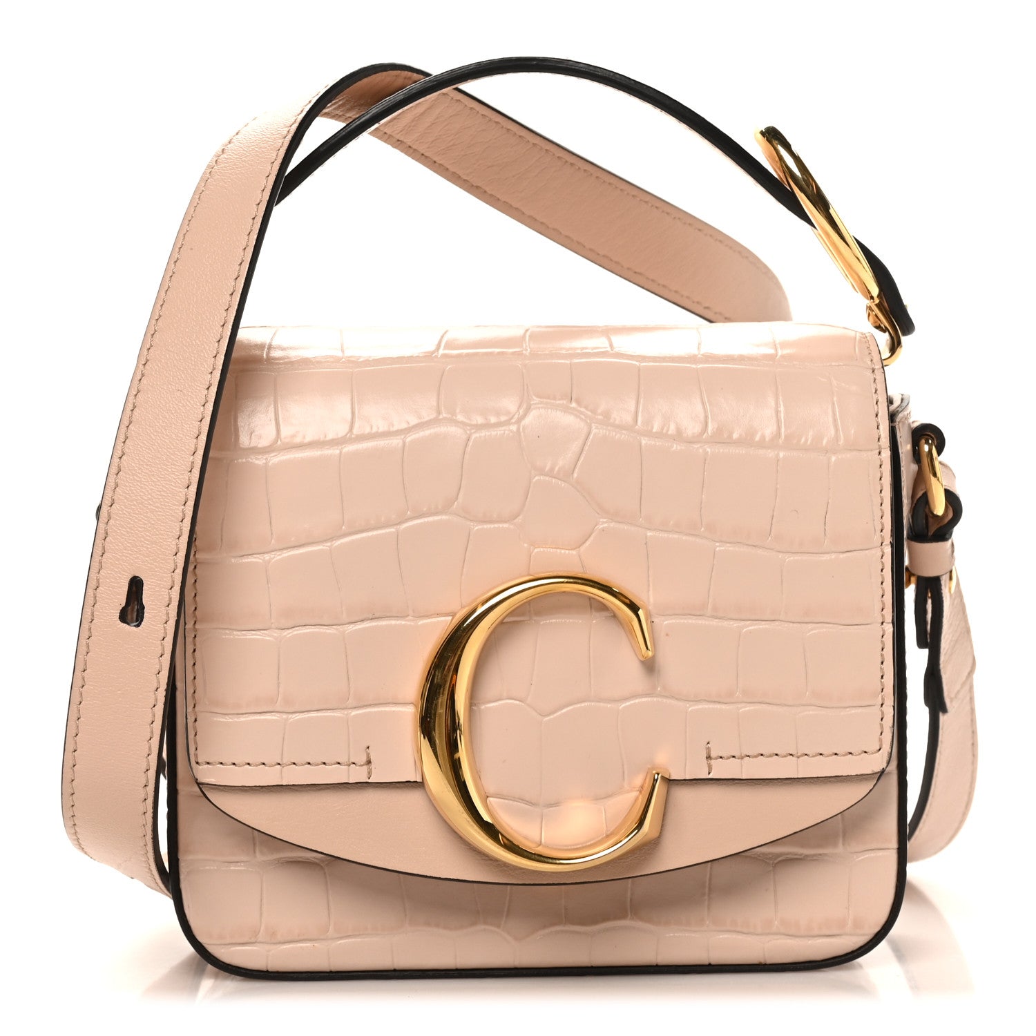 Chloe Calfskin Crocodile Embossed Mini C Double Carry Cement Pink
