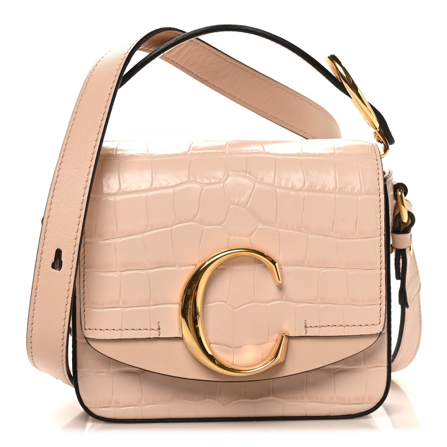 Calfskin Crocodile Embossed Mini C Double Carry Cement Pink