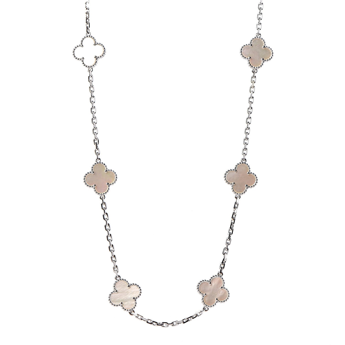 18K White Gold Mother of Pearl 10 Motifs Vintage Alhambra Necklace