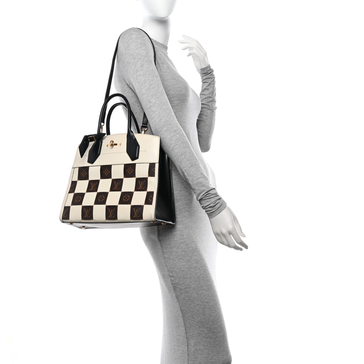 Calfskin Monogram Damier Tressage City Steamer MM Creme