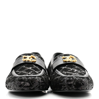 Chanel Sequin Lambskin Quilted CC Loafers 38.5 Black 2 of 9