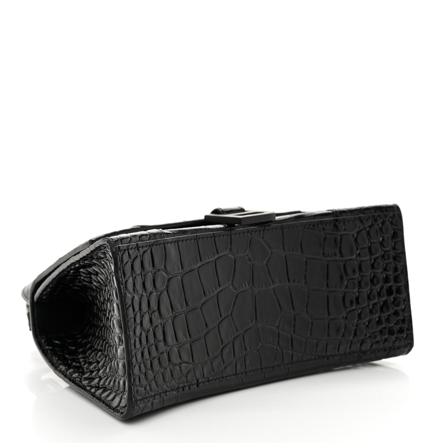 Shiny Calfskin Monochrome Crocodile Embossed Small Hourglass Top Handle Bag Black