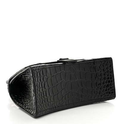 Balenciaga Shiny Calfskin Monochrome Crocodile Embossed Small Hourglass Top Handle Bag Black 4 of 12