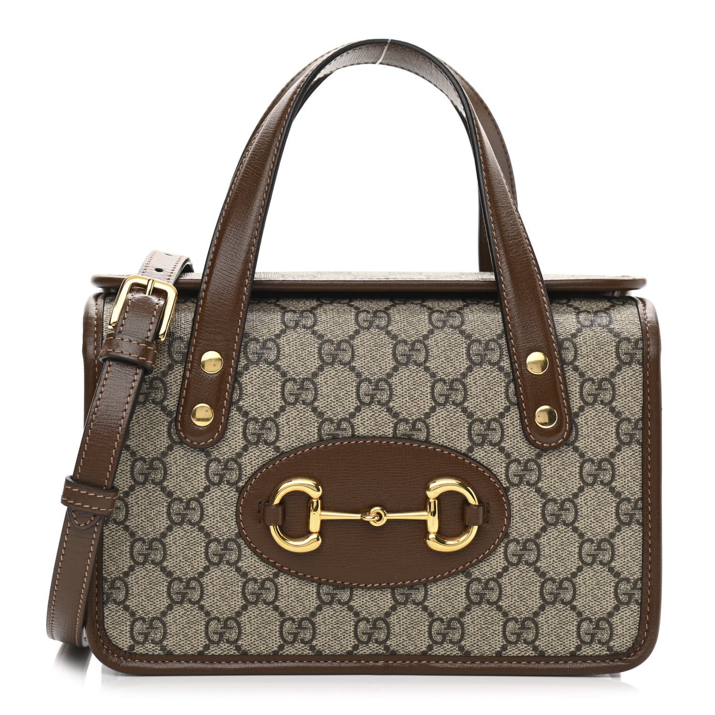 GG Supreme Monogram Azalea Calfskin Mini Horsebit 1955 Foldover Top Handle Bag Beige Ebony Brown Sugar