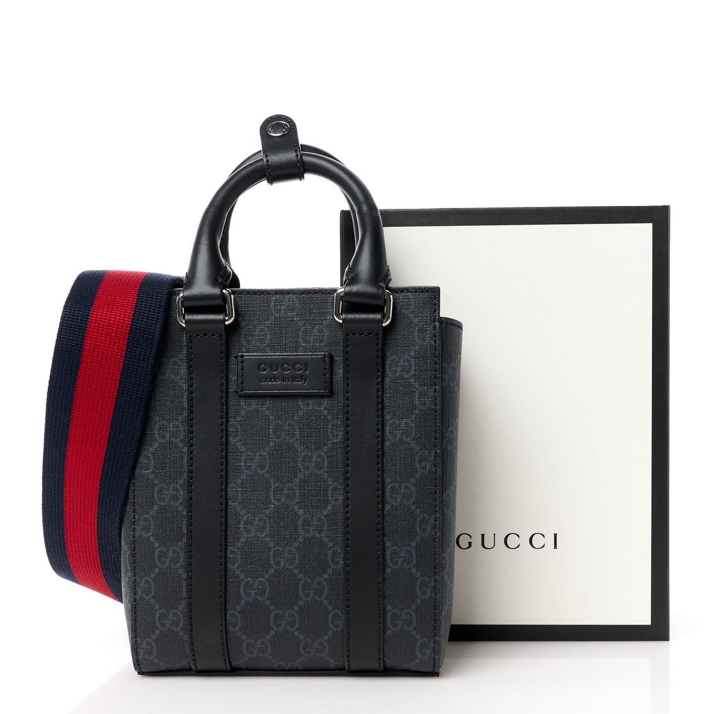 GG Supreme Monogram Appia Calfskin Web Mini Tote Bag Black