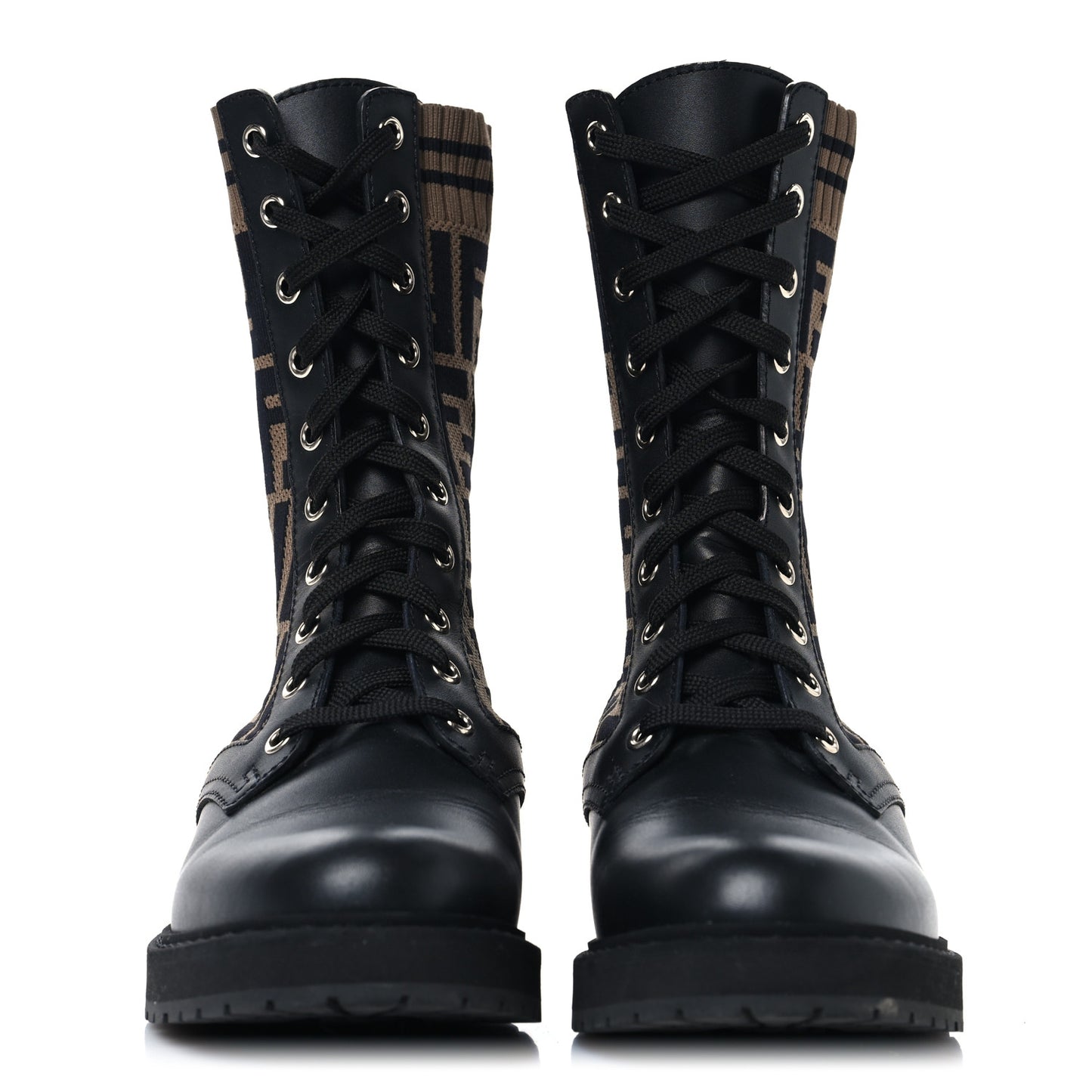 Calfskin Stretch Fabric FF Rockoko Biker Boots 37.5 Black Tobacco