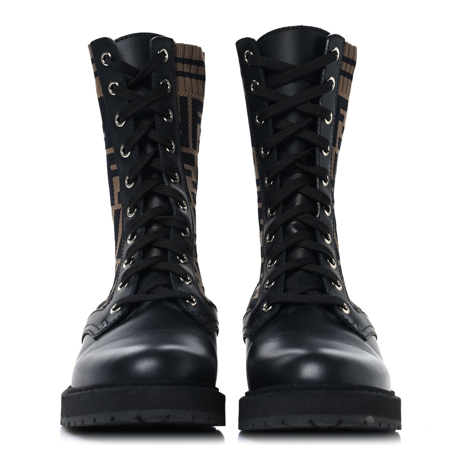 Fendi Calfskin Stretch Fabric FF Rockoko Biker Boots 37.5 Black Tobacco 2 of 7