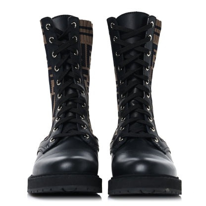 Fendi Calfskin Stretch Fabric FF Rockoko Biker Boots 37.5 Black Tobacco 2 of 7