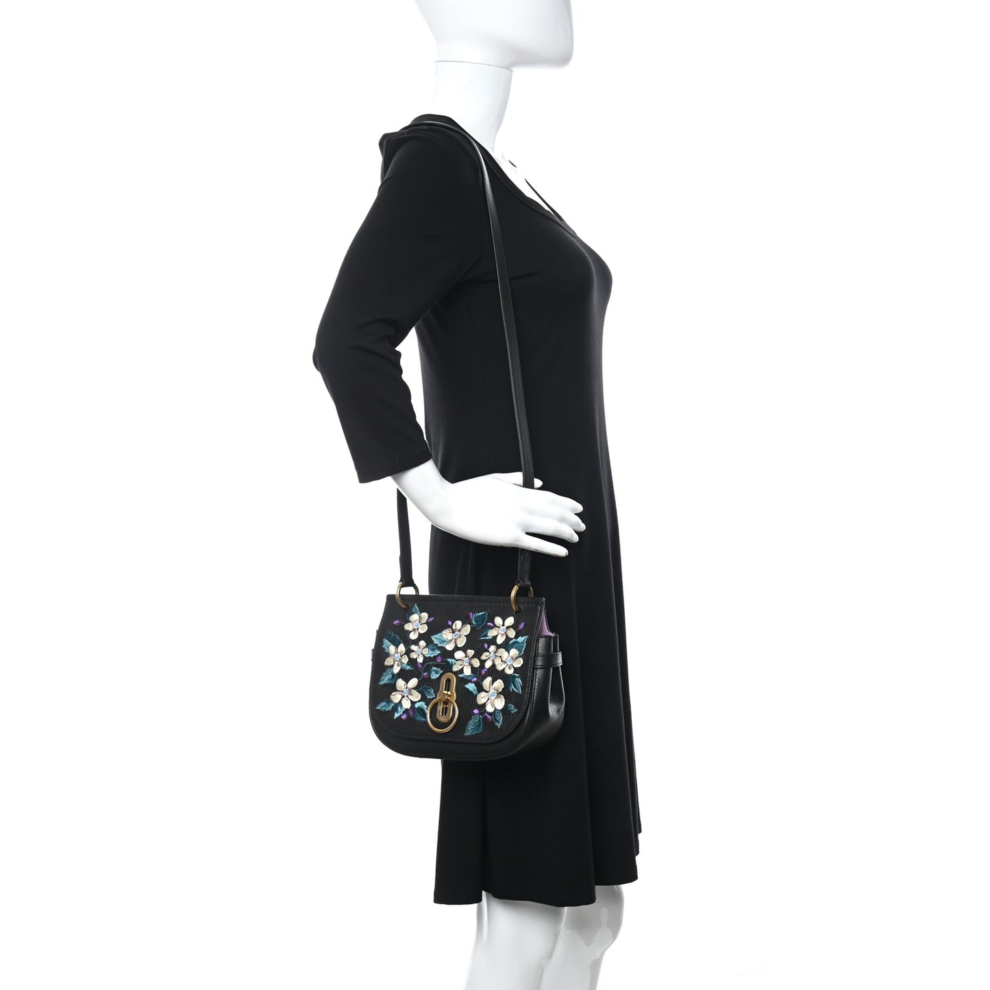 Classic Grain Calfskin Embroidered Floral Amberley Satchel Black