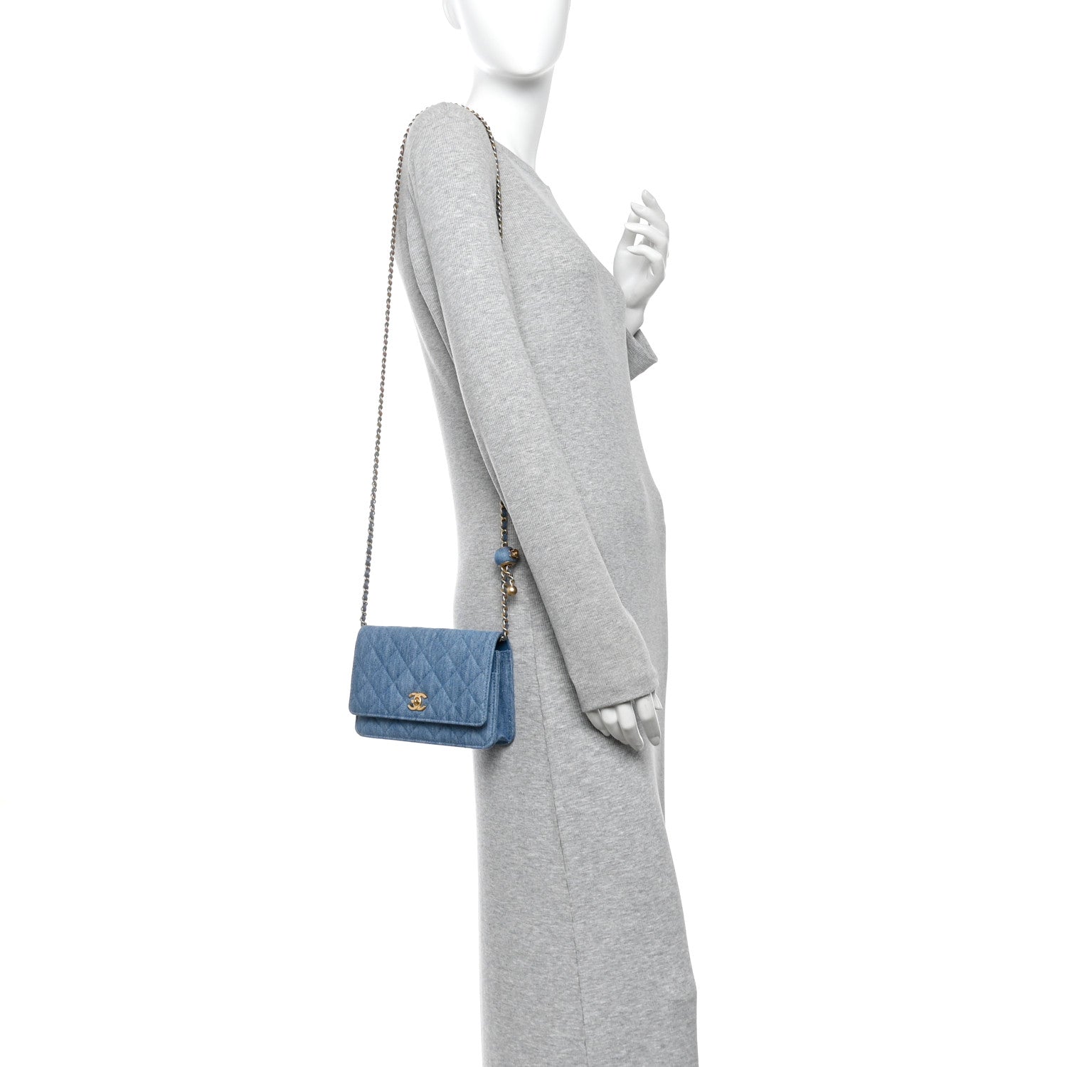 Chanel Denim Quilted CC Pearl Crush Wallet on Chain WOC Blue 2 of 11
