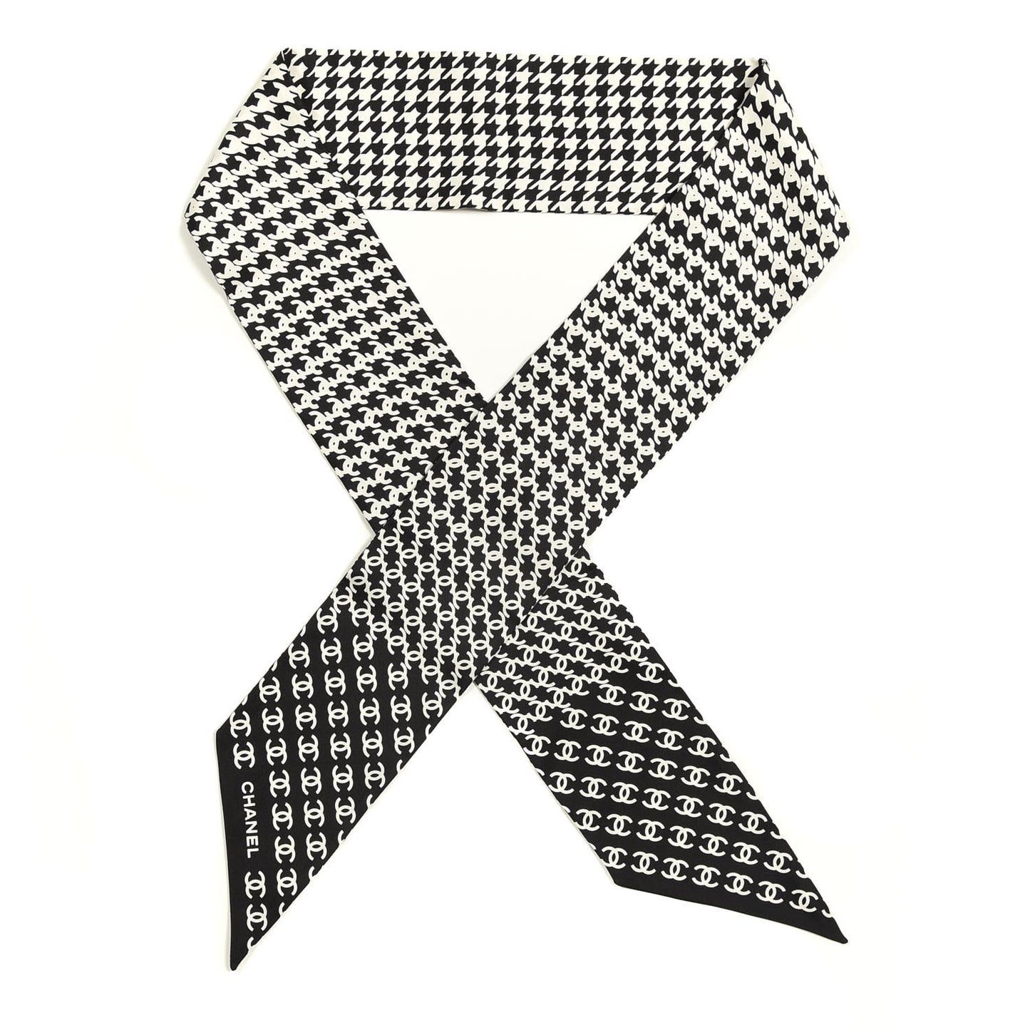Silk Twill Houndstooth Slim Bandeau Scarf Black Ecru