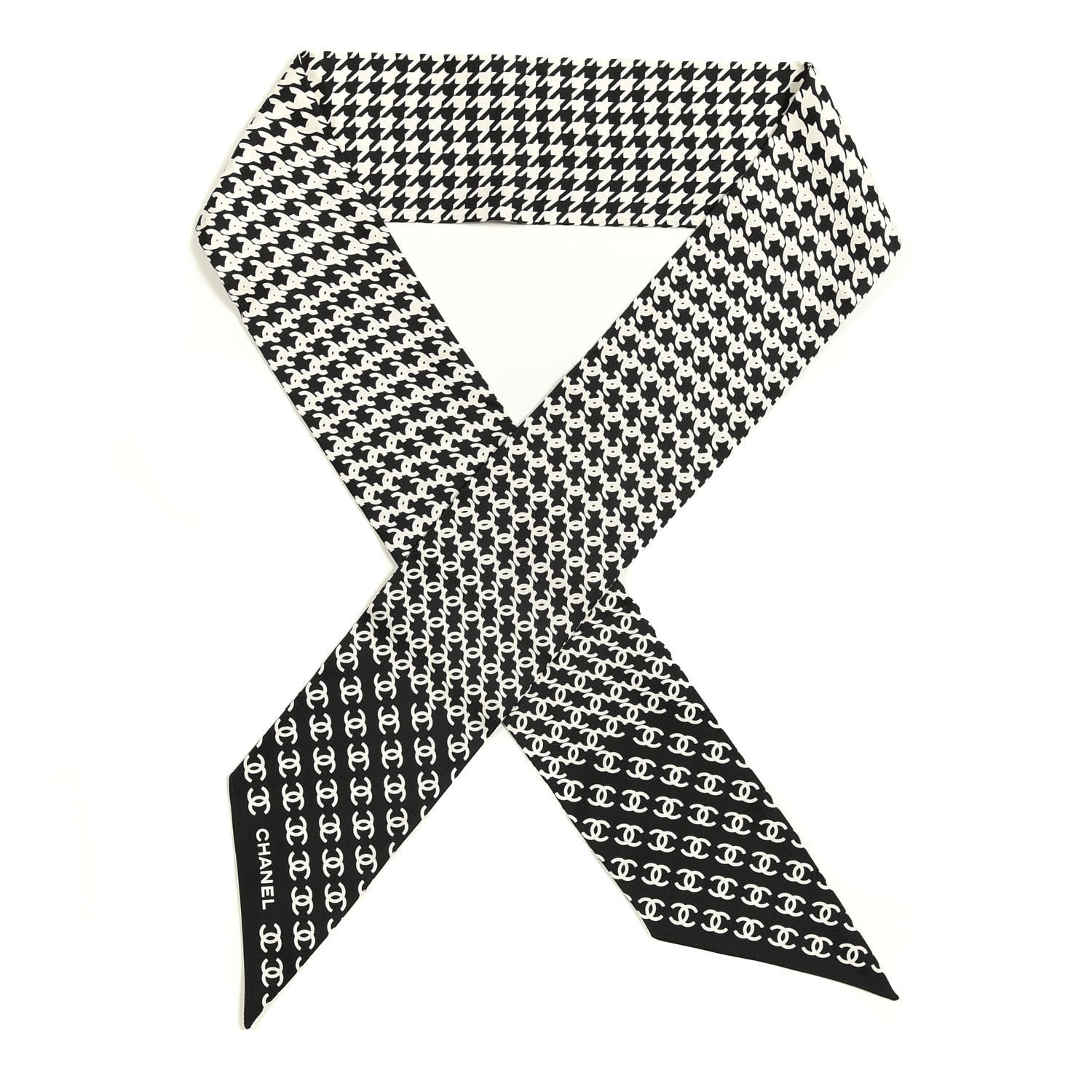 Chanel Silk Twill Houndstooth Slim Bandeau Scarf Black Ecru 1 of 3