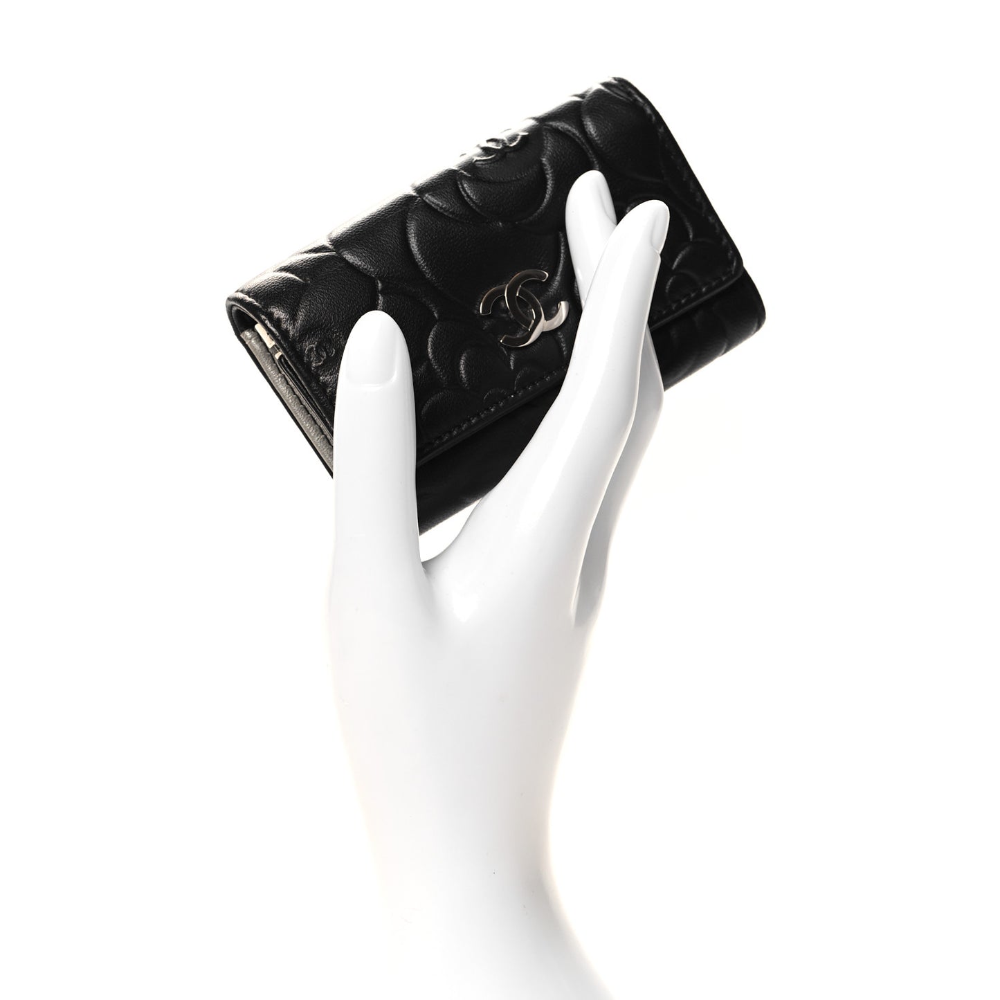 Lambskin Camellia Embossed 6 Key Holder Black