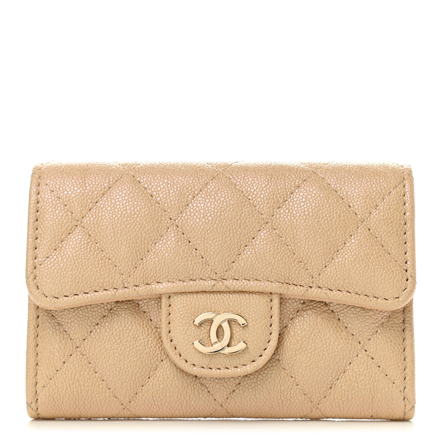Iridescent Caviar Quilted Flap Card Holder Beige