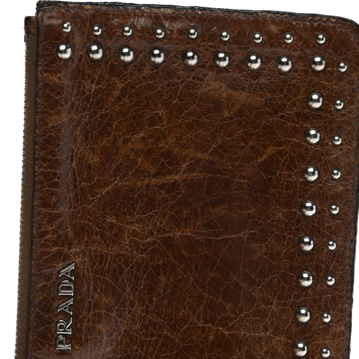 Aged Calfskin Studded Zip Clutch Brown