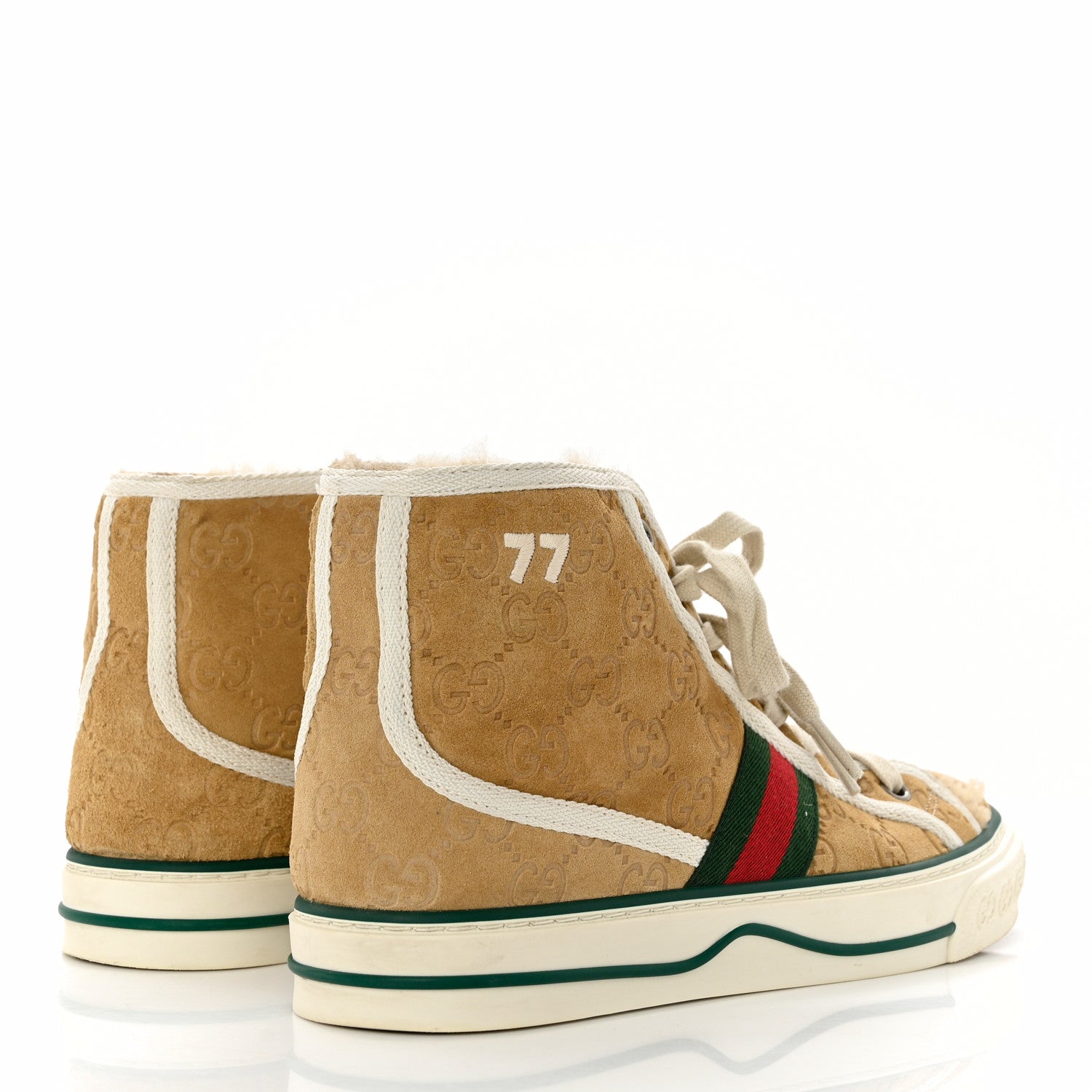 Gucci Suede Shearling Web GG Monogram Embossed Womens 1977 Tennis High Top Sneakers 37 Butterscotch Mystic White 4 of 8