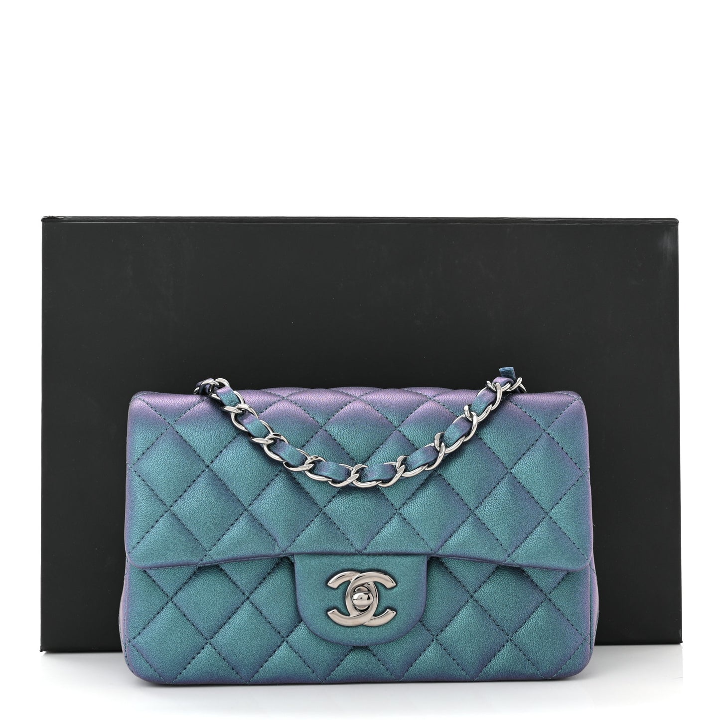Iridescent Lambskin Quilted Mini Rectangular Flap Turquoise