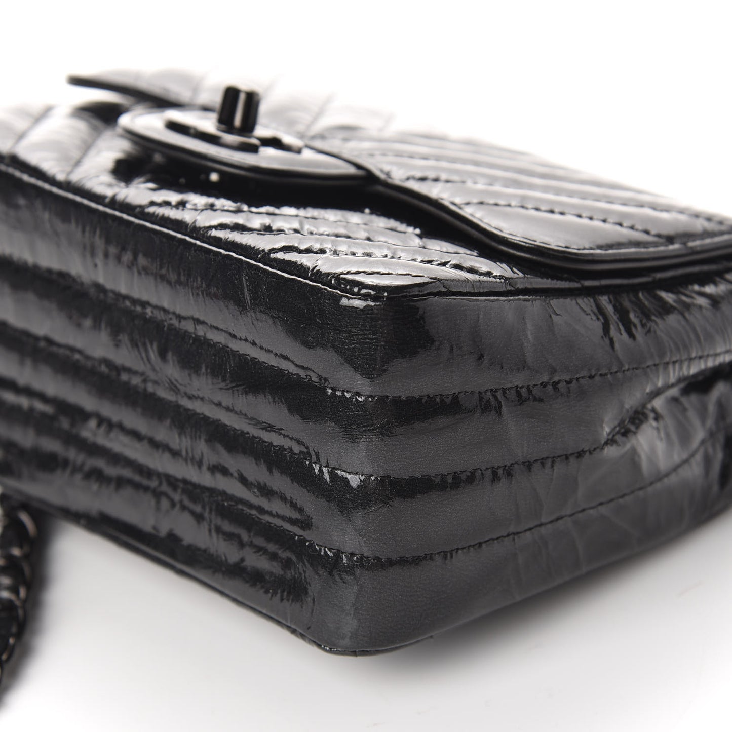 Metallic Patent Crumpled Calfskin Chevron Quilted Mini Square Flap Black