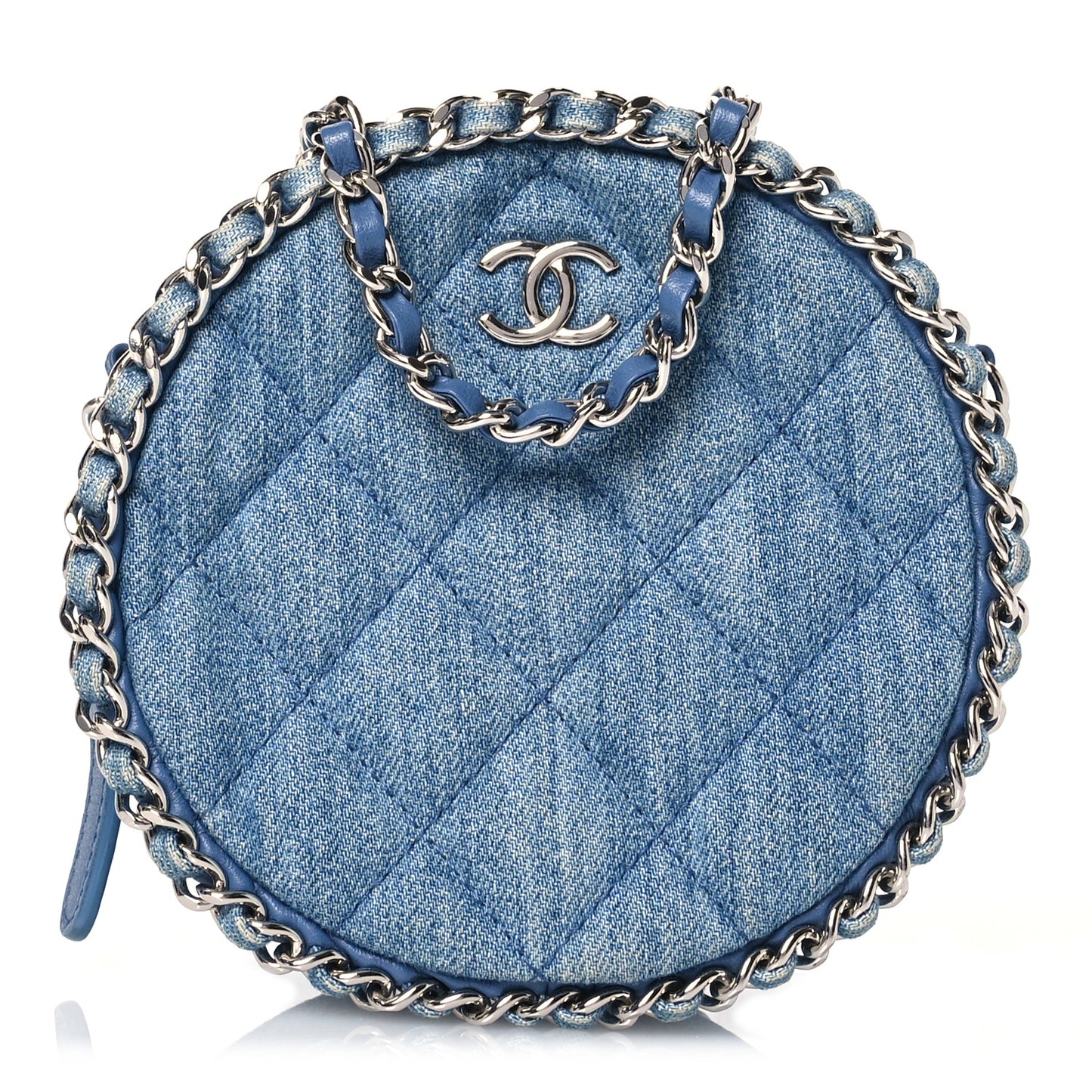Denim Quilted Round Clutch With Chain Blue