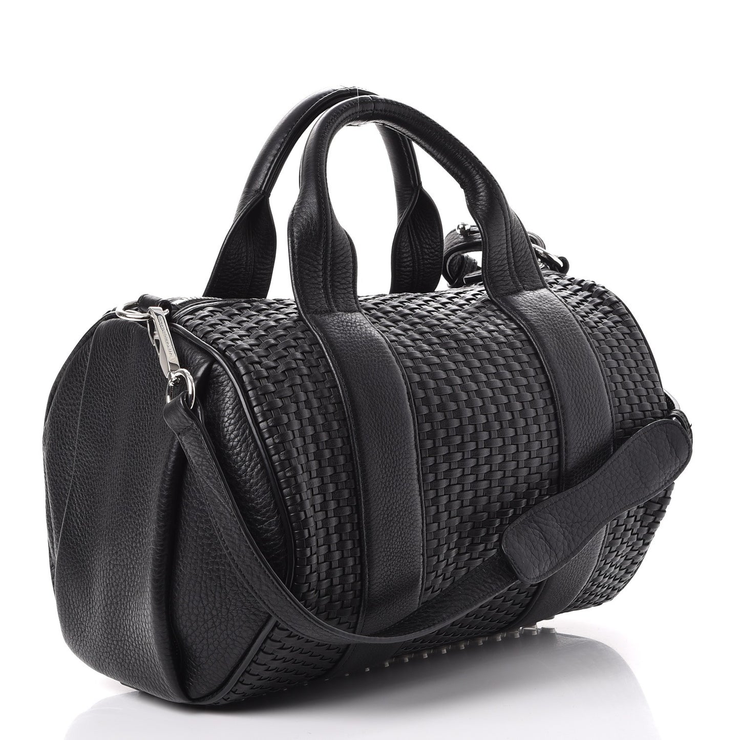 Pebbled Lambskin Woven Rocco Black Silver Hardware
