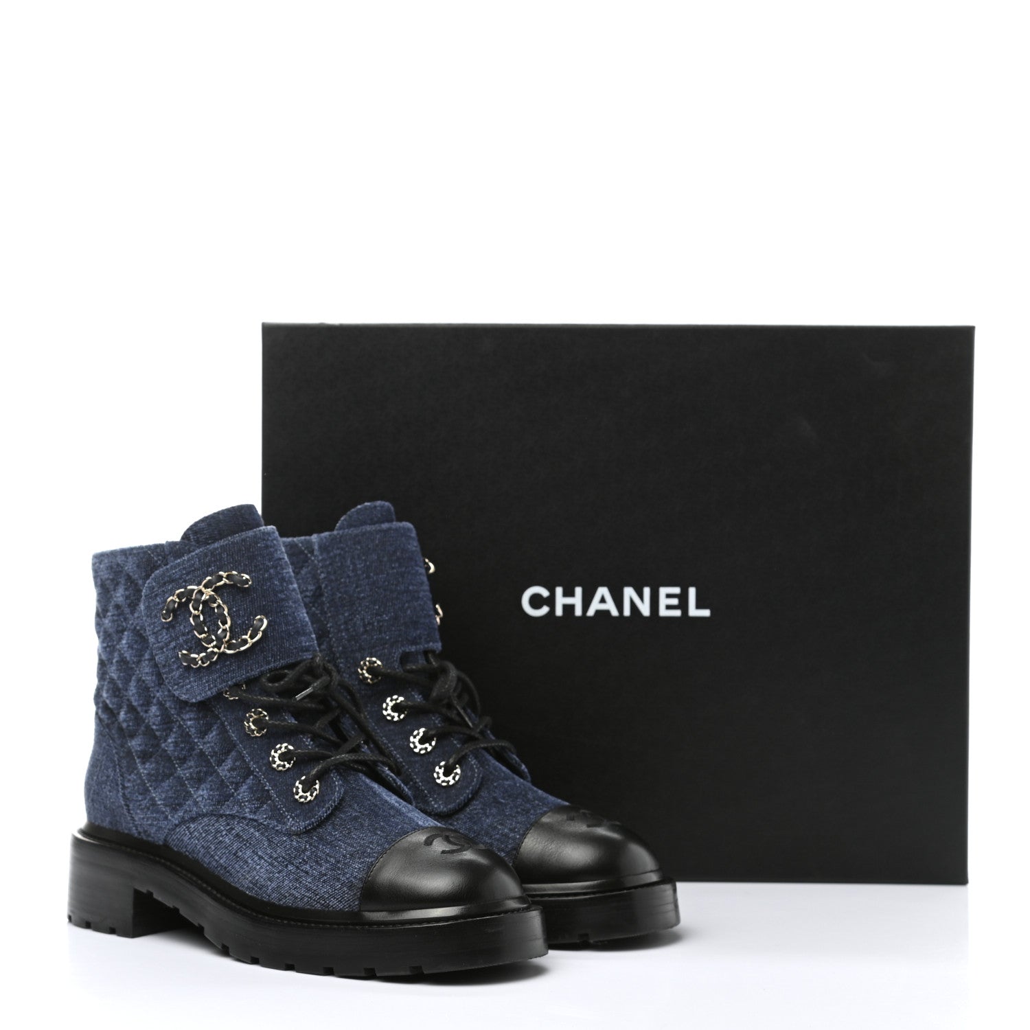 Chanel Shiny Calfskin Velvet Quilted Lace Up Combat Boots 39 Blue Black 8 of 8