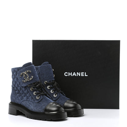 Chanel Shiny Calfskin Velvet Quilted Lace Up Combat Boots 39 Blue Black 8 of 8