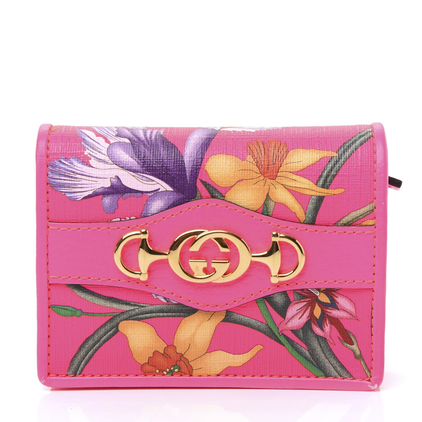 Calfskin Flora Print Zumi Card Case Fuxia Fluo