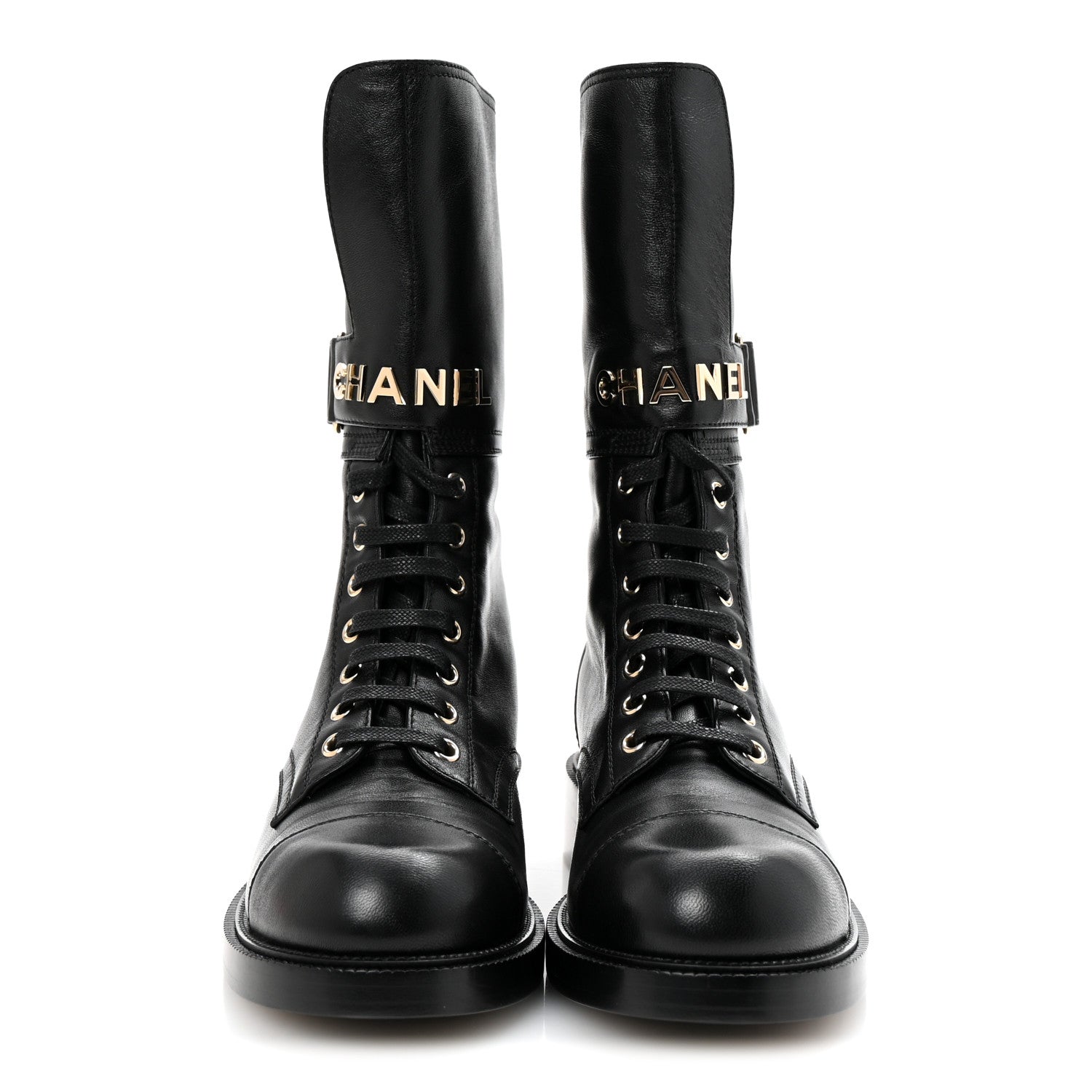 Chanel Lambskin Calfskin Lace Up Combat Boots 39 Black 3 of 9