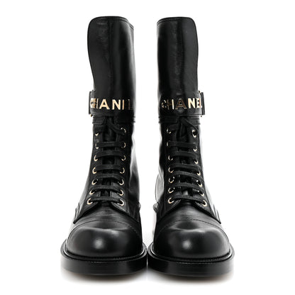 Chanel Lambskin Calfskin Lace Up Combat Boots 39 Black 3 of 9