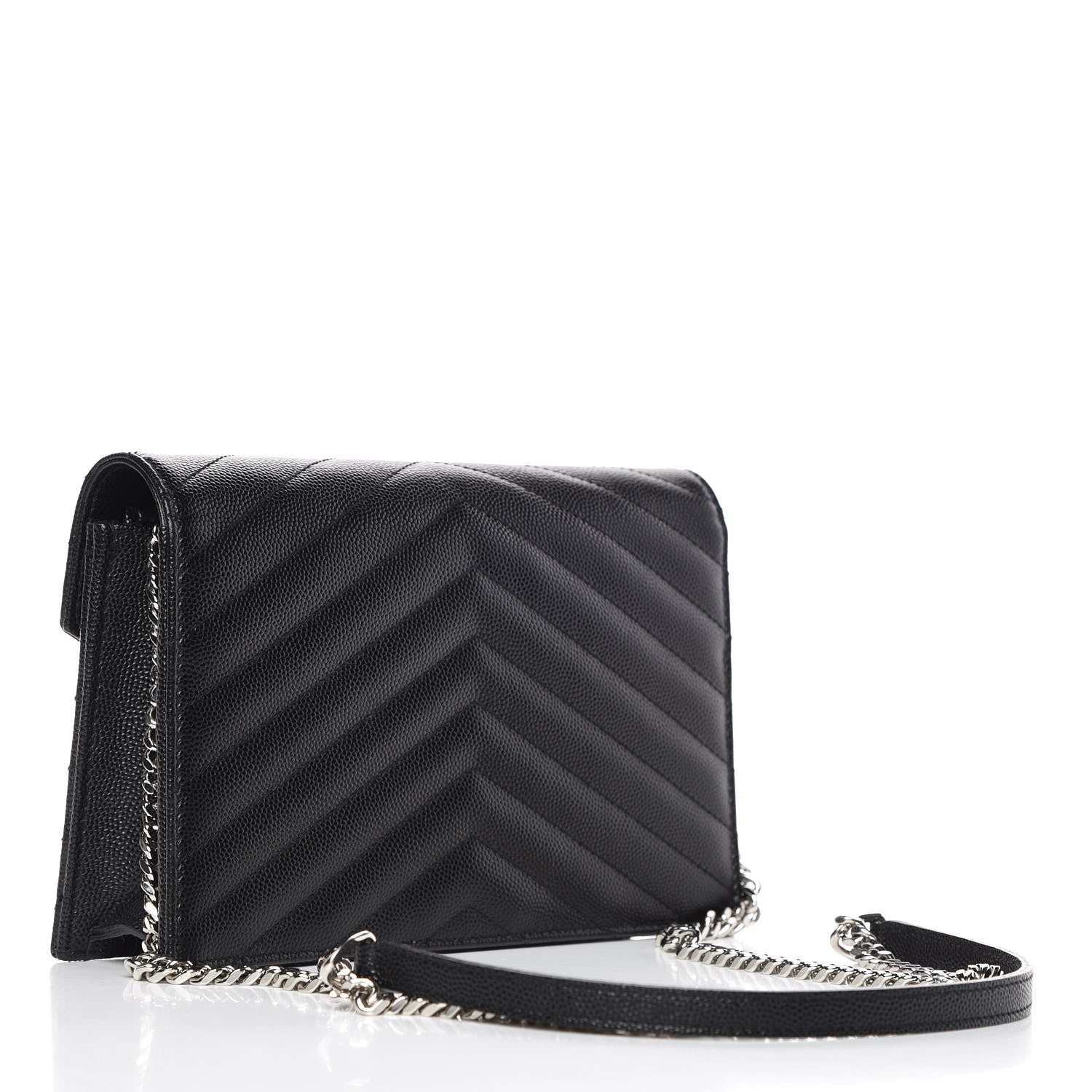 Saint Laurent Grain De Poudre Matelasse Chevron Monogram Envelope Chain Wallet Black 3 of 9