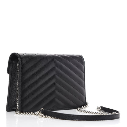 Saint Laurent Grain De Poudre Matelasse Chevron Monogram Envelope Chain Wallet Black 3 of 9