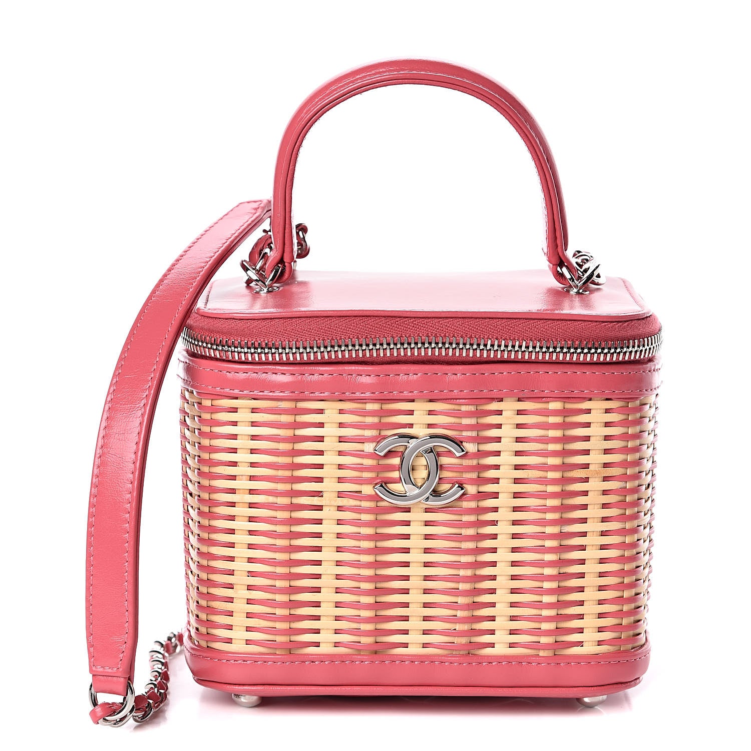 Chanel Calfskin Raffia Small Take Away Vanity Case Bag Pink Beige 1 of 12