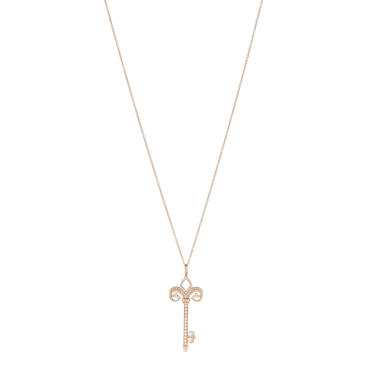18K Rose Gold Diamond .37ct Fleur De Lis Key Pendant Necklace