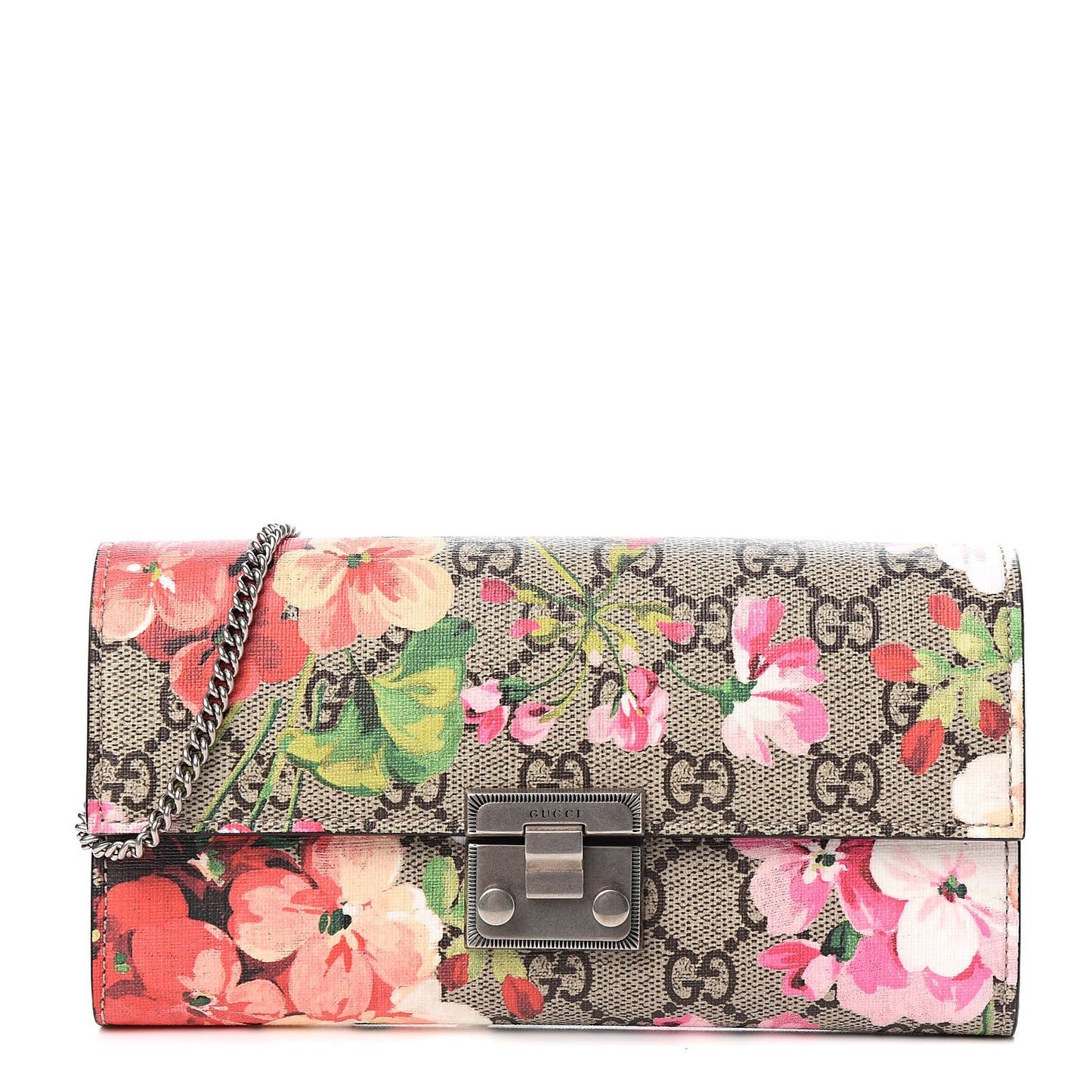 GG Supreme Monogram Blooms Padlock Continental Chain Wallet Beige Multicolor Dry Rose