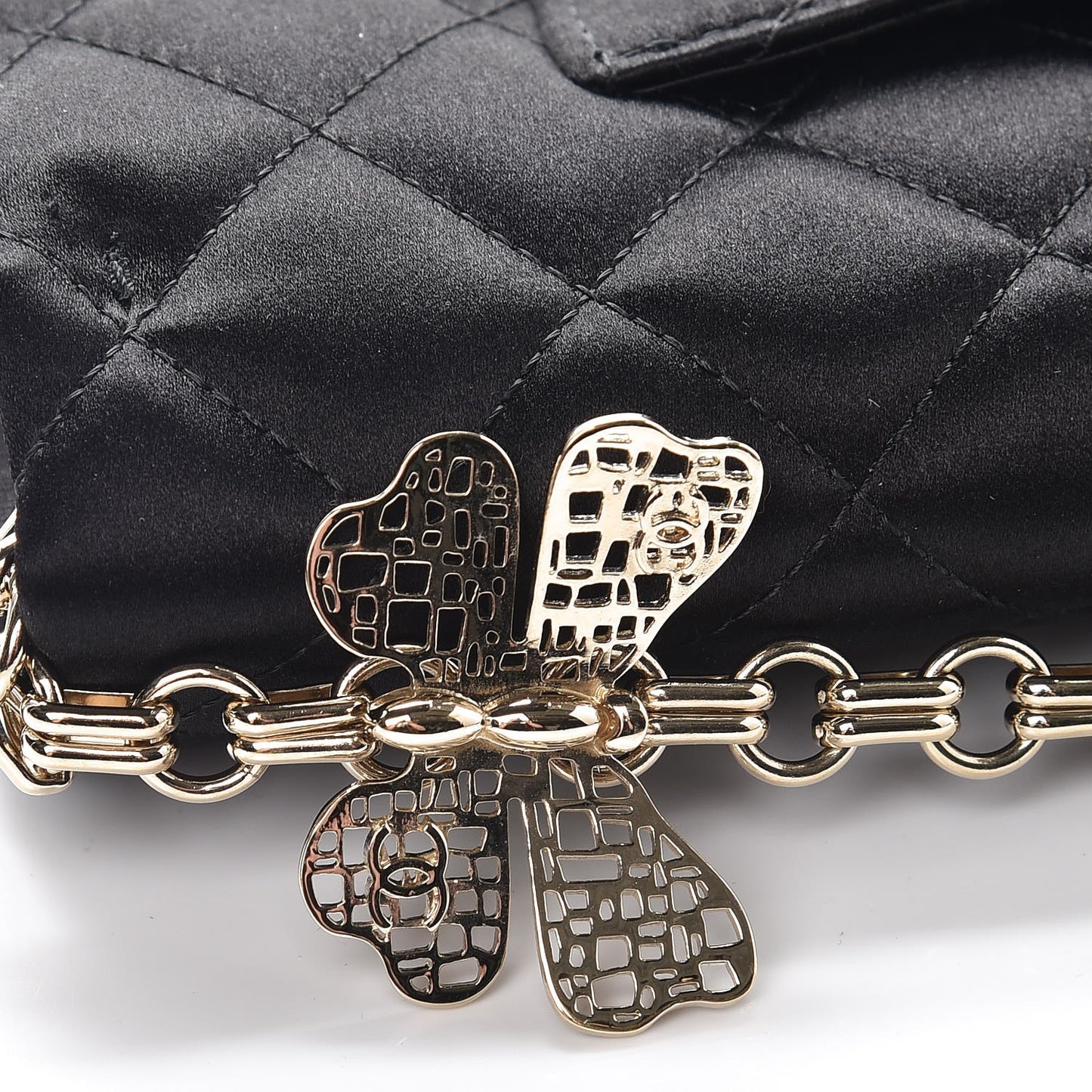 Satin Quilted Butterfly Chain Flap Clutch Black