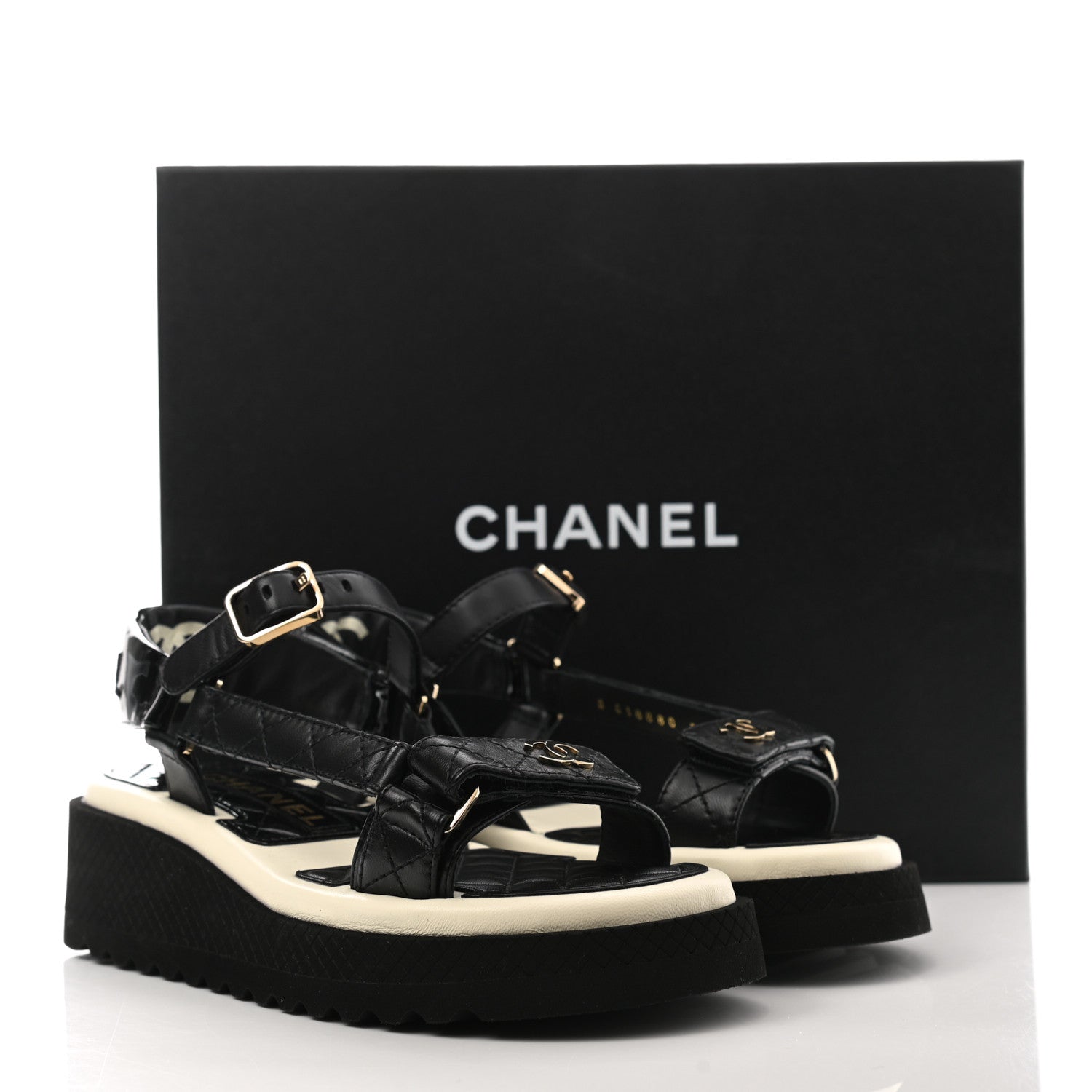 Chanel Lambskin Logo Platform Sandals 35 Black White 9 of 9