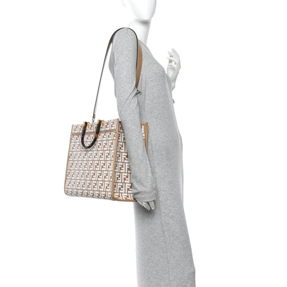 Fendi Woven Fabric Calfskin FF Medium Fendi Sunshine Shopper Tote Natural White Dark Honey 2 of 10