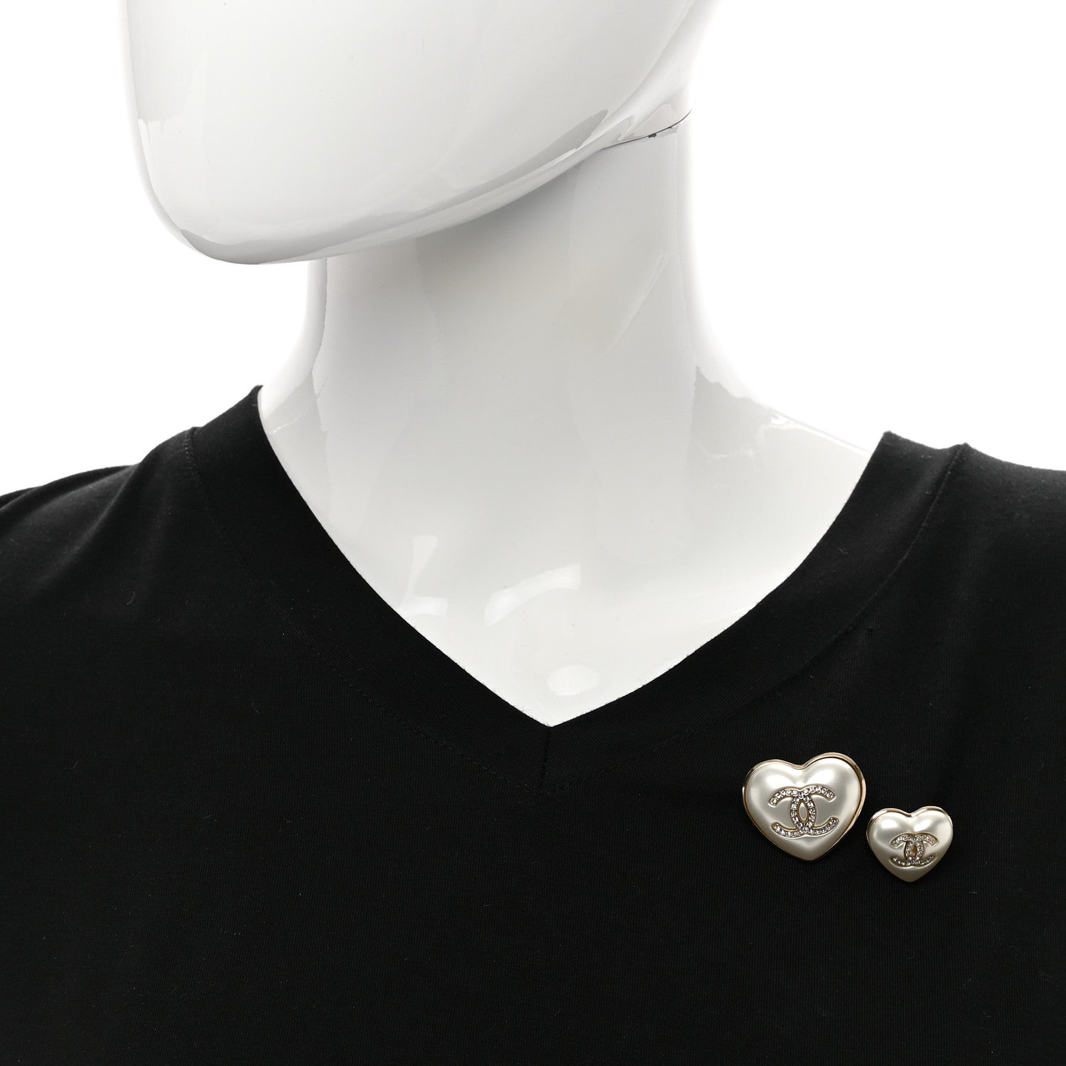 Chanel Resin Crystal CC Heart Brooch Set Pearly White Gold 2 of 6
