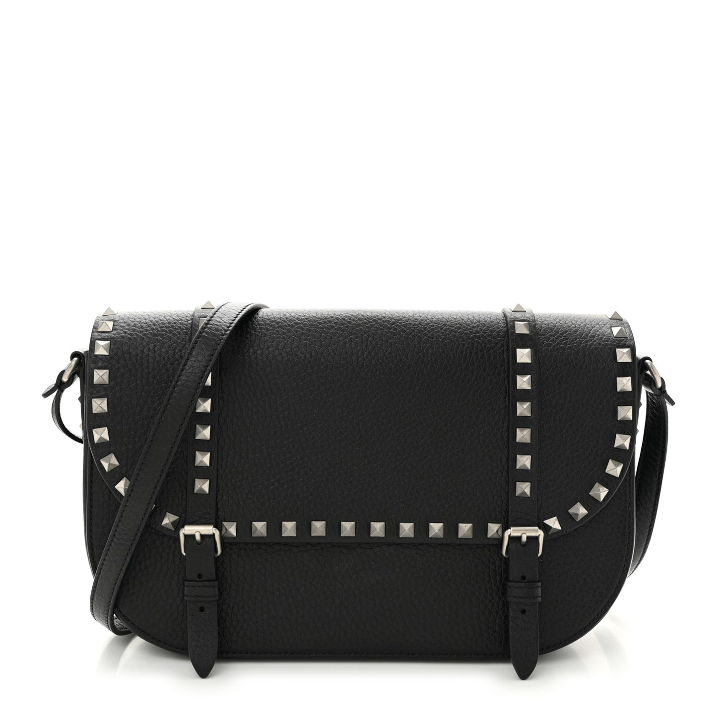 Pebbled Calfskin Large Rockstud Messenger Black